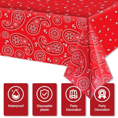 Tatuo Western Party Tablecloth Paisley Table Cover Bandana Plastic Table Cloth Rectangle Floral Tablecloth for Western Cowboy Themed Party 108 X 54 Inch(Red,Black,White,3 Pack) - color: Red,black,white
