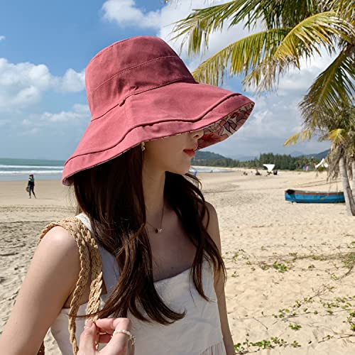 HUAMULAN Women Summer Sun Hat Wide Brim Wired Edge Floral Beach Bucket Hats Reversible Foldable Travel UV Protection Lady Hat - color: M1744-jiuhong