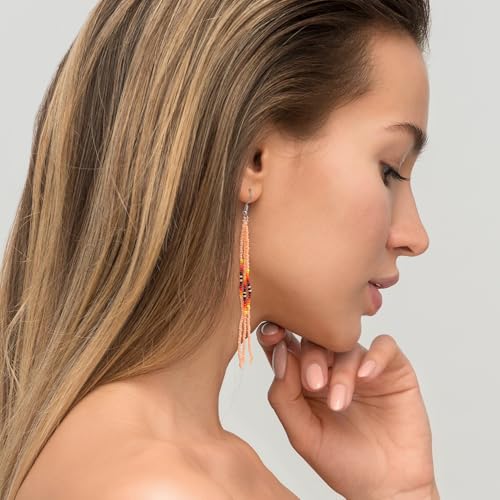 Native Long Beaded Tassel Earrings for Women, Boho Handmade Colorful Beads Statement Dangle Earing Prom Jewelry Gift. - color: Pale Orange