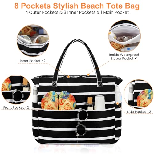 Trifabricy Beach Bags for Women Waterproof Sandproof Women Tote Bag, Large Beach Bag with Zipper for Gym Travel Vocation - color: Black