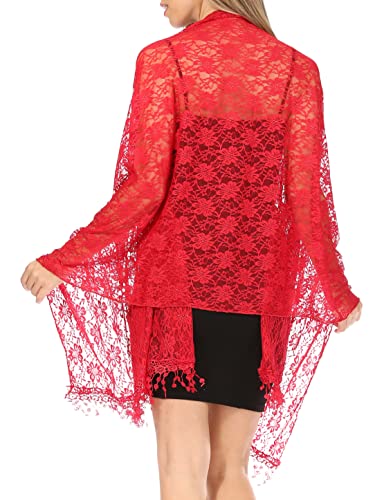 Sakkas Mari Women's Large Lightweight Soft Lace Scarf Wrap Shawl Floral and Fringe - color: Style2-burgandy