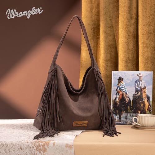 Wrangler Fringe Suede Hobo Bag for Women Leather Western Fringe Purse Tassel Hippie Shoulder Bag - color: Coffee