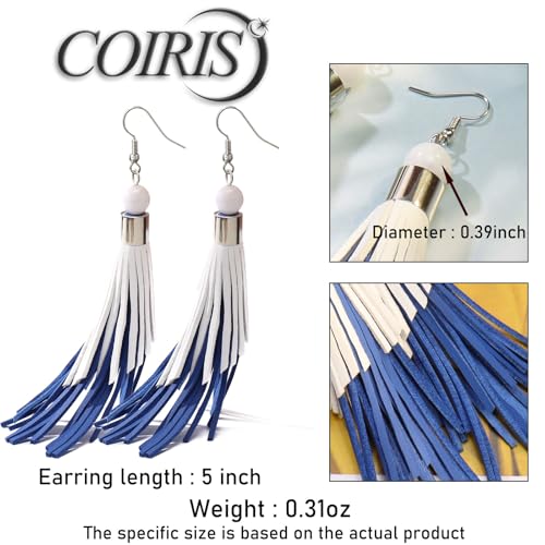 Coiris Boho Leather Layered Tassel Earrings for Women Lightweight Leather Fringe Dangle Earrings Handmade Bohemian Summer Beach Western Drop Earrings for Women - color: WhiteBlue