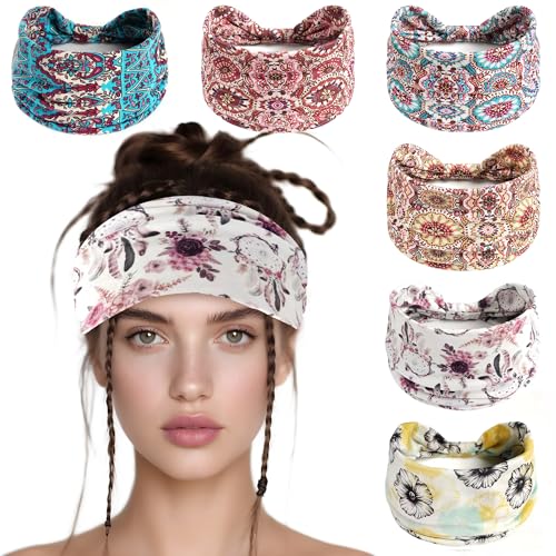 6 Pack Boho Style Women's Headbands, Non slip Fashion Wide Elastic hairband, Daily Sports Yoga Workout Women's Hair Bands,Floral Print-Romantic - color: Type 8