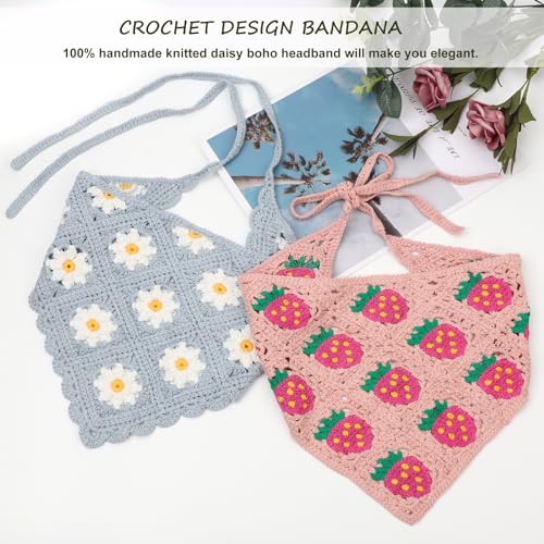 DRESHOW Floral Crochet Hair Bandana Tie Knotted Headscarf Vintage Headband Knitted Head Kerchief for Women Girls - color: 2 Pcs Floral Crochet (Sun Flowers + Strawberries)