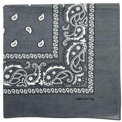 MDSTYLE 6 Pack 100% Cotton Bandanas 22” x 22" for Men & Women Paisley Handkerchief Headband Scarf Bandana - color: Grey