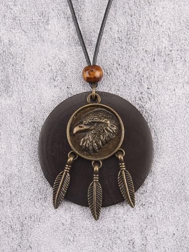 Kelake Leather Necklace for Women Men Teen Vinatge Boho Alloy Pendant Choker Jewelry Fashion Sweater Necklaces with Adjustable Genuine Leather Chain - color: Brass Eagle Feather & Brown Wood Pendant