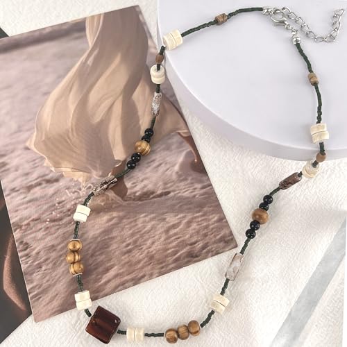 Y-Shaped Chain for Women Irregular Y2k Bead Leaf Retro Forest Green Necklace Versatile Vacation Style