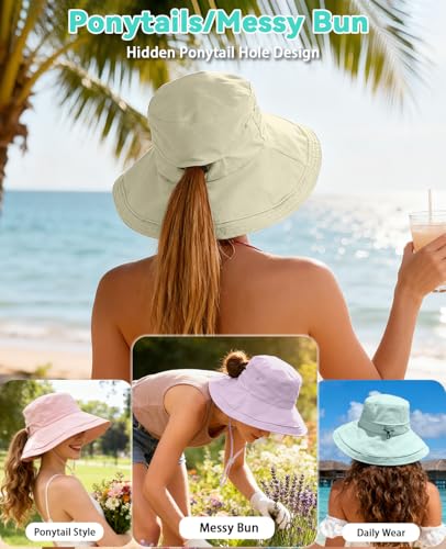 Rosoz Women Sun Hat with Ponytail Hole Wide Brim Bucket Hats UPF 50+ Beach Hiking Gardening Hat Water-Resistant Outdoot Hat - color: Blue