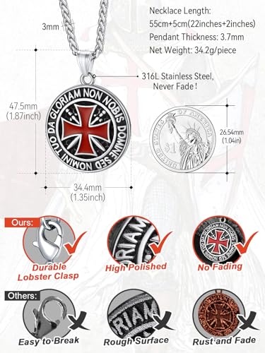 FaithHeart Knights Templar Necklace for Men, Christian Necklace for Men Stainless Steel Pendant Neckalces Christian Gifts with Gift Box - color: 01. Medal-Silver