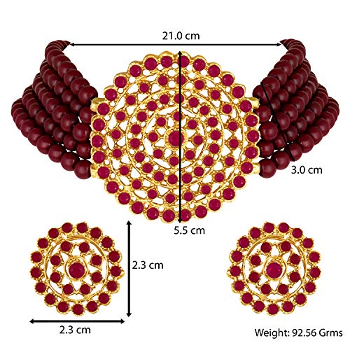 Aheli Pearl Diamond Choker Necklace & Round Earrings Gift for Women Indian Traditional Bollywood Fashion Bharatanatyam jewellery set - color: Maroon 2