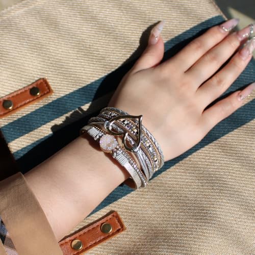 Womens Multi Layer Heart Leather Wrap Bracelet Boho Stackable Cuff Bangle Magnetic Clasp Crystal Birthday Valentine Gift - color: White-gold