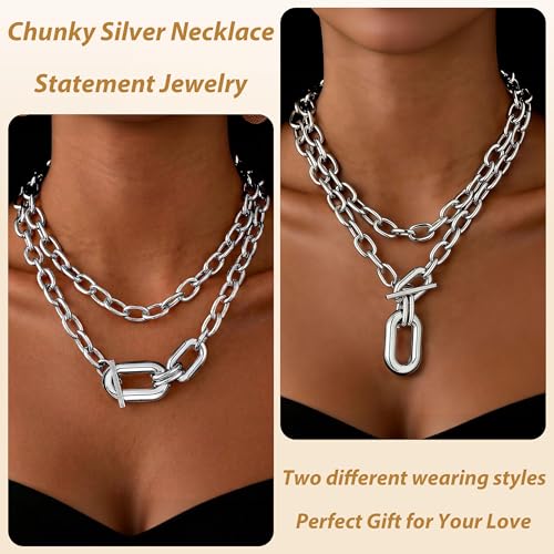 Long tiantian Chunky Gold Necklace Stack Chain Necklaces for Women Statement Layered Paperclip Choker Necklaces Statement Necklace for 80s 90s & Night Out Outfits Paperclip Style Fashion Jewelry - color: A1:Style A-Silver