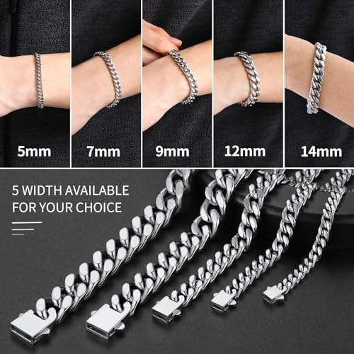 ChainsHouse Stainless Steel Cuban Link Bracelet for Men, 5mm/7mm/9mm/12mm Width, 7.5"/8.3"/9" Length, Black/18K Gold Plated Chain Wrist Bracelets for Men, with Gift Box - color: b. 14mm width-steel, size: 9.0 Inches