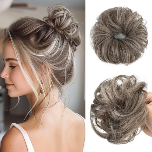 CJL HAIR 2PCs Small Cute Messy Bun Hair Piece for Thin Hair Women Mini Synthetic Curly Bun Scrunchies Updo Hairpieces Middle Grey - color: 2PCS-Middle Grey