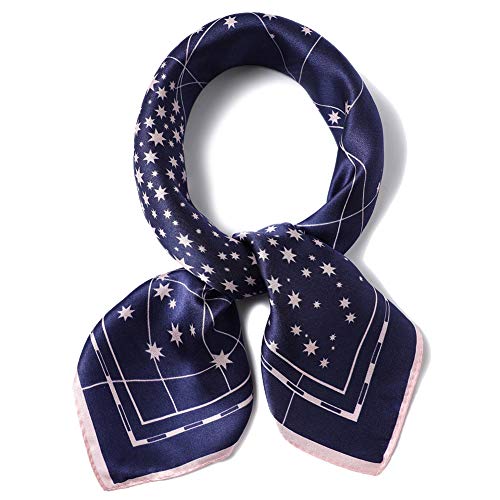 ANDANTINO 100% Mulberry Silk Scarf -21” Square Neckerchief with Gift Packed - color: Navy&pink Star