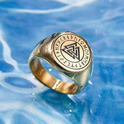 King Will Men's Tungsten Signet Rings Thumb Pinky Biker Band Ring For Men High Polished Plain Wedding Statement Ring Comfort Fit Size 7-12 - color: Runes-Gold