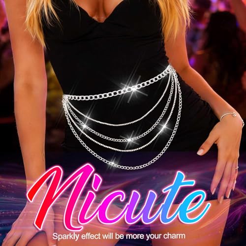 Nicute Gold Chain Belt Layered Waist Chain Sparkly Body Chain Jewelry for Women - color: Silver