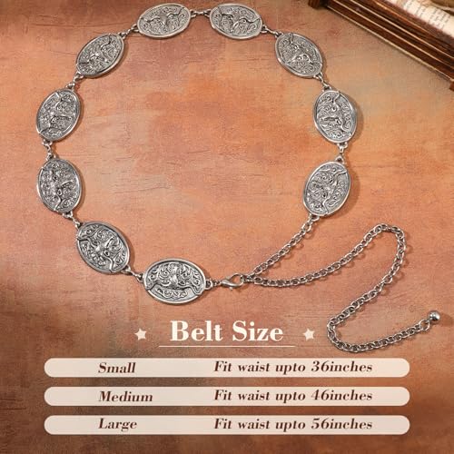 XZQTIVE Women Boho Chain Belts For Dresses Jeans Western Cowgirl Waist Links Belt Adjustable Metal Concho Belt - size: Fit Waist upto 36inches, style: Matte Bull Silver