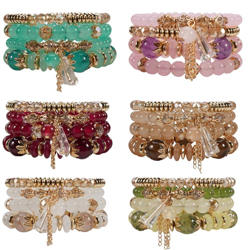 Bohemian Bracelet Sets for Women - 4-Pack Stackable Stretch Bead Bracelets with Black＆White Crystal & Gold Accessories, Multi-Layer Boho Jewelry - color: 6pack sets