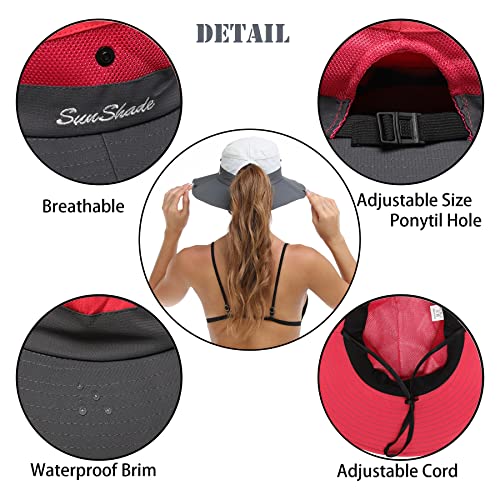 Womens Summer Sun Hat Beach Hat Wide Brim Outdoor UV Protection Hat Foldable Cool Mesh Ponytail Bucket Hat - color: Red-gray