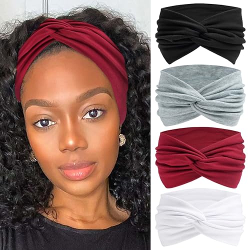 Wide Headbands for Women Boho Head Bands Knotted Criss Cross Turban Headband Cute Hair Wraps Elastic Bandana Hairbands Workout Wrap Hair Band Fashion Head Scarf Accessories Soft 4 Pack - color: Style 114