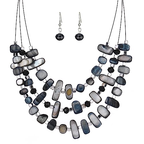 3 Layered Chunky Statement Necklace for Women Beaded Strand Necklaces with Earring Fashion Costumes Collar Necklace Jewelry Sets Gifts for Women - color: 50-Black