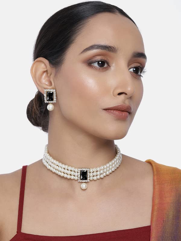 Aheli Ethnic Choker Necklace Earrings Wedding Bollywood Party Jewelry Set Gift for Women - color: Black