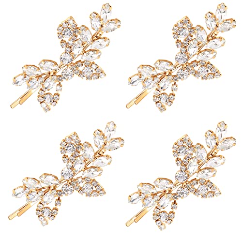 Waydress 4 Pcs Rhinestone Hair Clip Wedding Bridal Hair Barrette Decorative Leaf Crystal Side Hairpin Accessories for Women(Rhinestone Style,Gold) - color: Gold