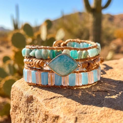 YGLINE Natural Stone Bracelet 5 Wraps Bracelet Handmade Blue Color Boho Bracelet for Women Bracelet - color: amazonite 2