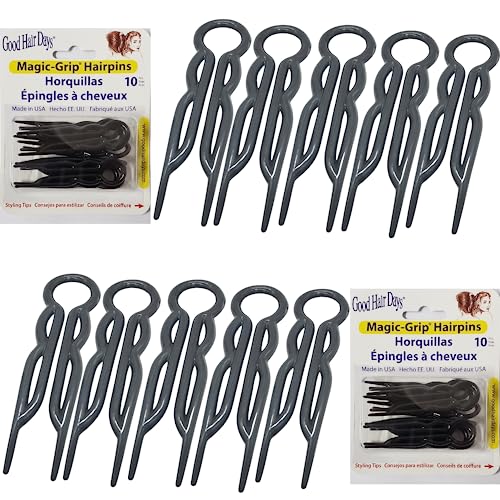 Good Hair Days Magic-Grip Hairpins - 2 1/2" U-Shaped Grip Hair Pins for Fine, Thick, Curly & Long Hair, Invisible Strong Hold Hair Styling Accessories, Set of 20, USA-Made (Midnight Black) - color: Black, size: 1 Count (Pack of 20)