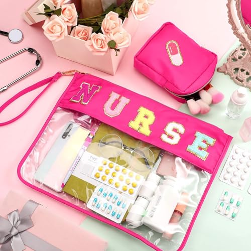 Hillban 2 Pcs Nurse Week Gift Makeup Cosmetic Bag Nurse Appreciation Gift for Women Clear Chenille Letter Bag Toiletry Zipper Pouch Waterproof Travel Purse Survival Kit Medical Accessories - style: Nurse Theme