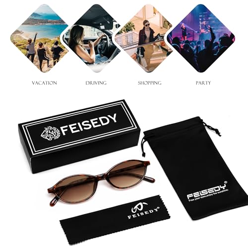 FEISEDY Retro Oval Sunglasses for Women Cat Eye 90s Lightweight Narrow Shades Trendy Sun Glasses B4196 - color: Tortoise/Gradient Brown
