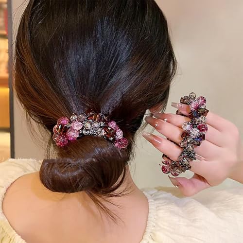 Crystal Beaded Hair ties Scrunchies, Pink and Blue Glass Beads, Black Elastic Band, 2 Pack hair accessories for women。