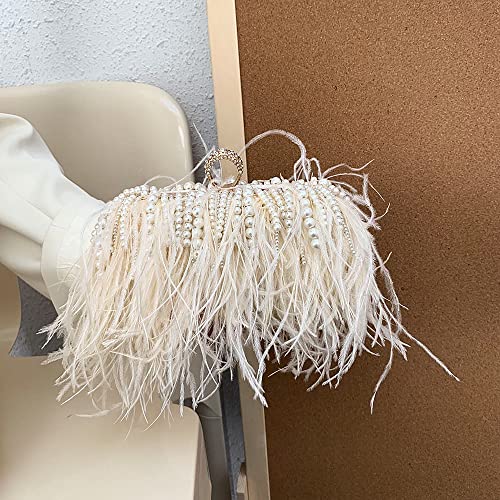 Women Real Natural Ostrich Feather Evening Bags Purses Clutch Vintage Banquet Handbag - color: Champange With Pearl