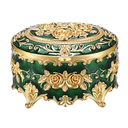 Hipiwe Vintage Jewelry Box Oval Trinket Display Case with Rose Pattern Decorative Green Treasure Box Ring Holder for Women - color: Green