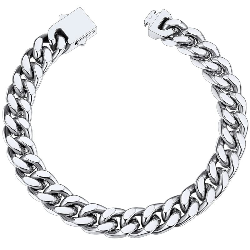 ChainsHouse Stainless Steel Cuban Link Bracelet for Men, 5mm/7mm/9mm/12mm Width, 7.5"/8.3"/9" Length, Black/18K Gold Plated Chain Wrist Bracelets for Men, with Gift Box - color: a. 9mm width-steel, size: 9.0 Inches