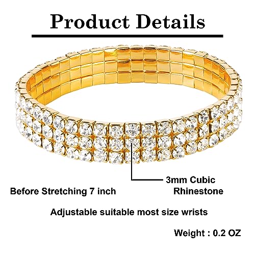 Zealmer Sparkle Multicolor Rhinestone Stackable Stretch Bracelets for Women - color: 3 Row Gold Bracelet