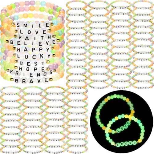 Hoteam 100 Pcs Beaded Friendship Bracelets Bulk Colorful Glow in The Dark Inspired Letter Bracelets Y2k Stretchy Preppy Adjustable Jewelry for Music Lovers Fans Women Party Favor Gifts Sleepover Party