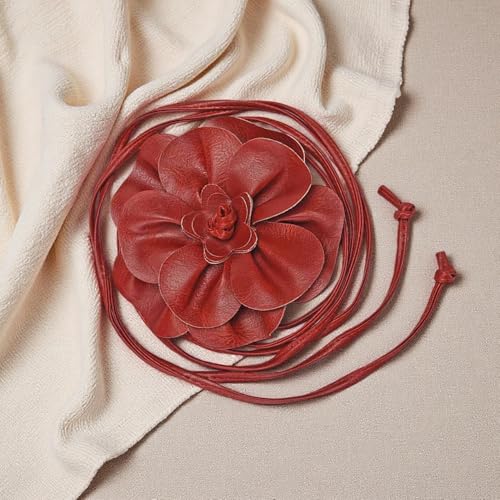 Boho Big Flower PU Leather Waist Belt Chain for Women Rose Floral Camellia Long Tassel Adjustable Waist Band Jewelry - color: Dark Red