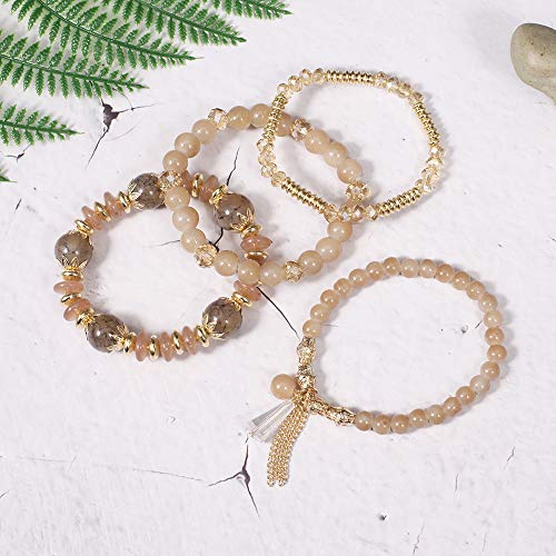 Caiyao 4Pcs Bohemia Multilayer Stackable Beaded Bracelets Set Colorful Crystal Stone Gold Beaded Stretch Bracelets Hawaii Charm Bracelet for Women Men Summer Beach Boho Vacation Jewelry Gifts - color: Brown