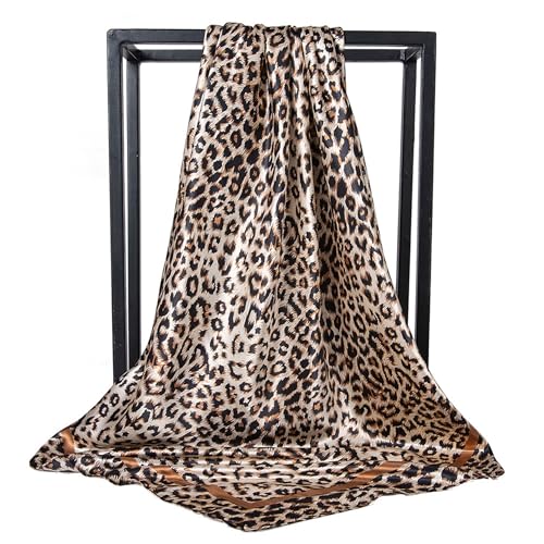 Leopard Print Head Scarf for Women Like Silk Satin Scarf for Hair Wrapping at Night Bandana Square Scarf 35 Inches - color: Light Coffee