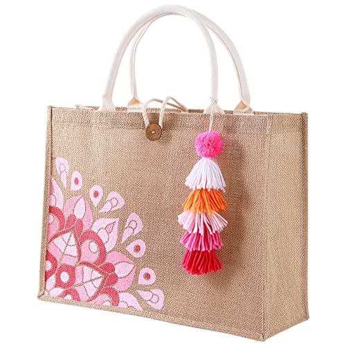 itgowisa Jute Beach Bag for Women, Burlap Beach Tote Bag with Tassel Pocket, Summer Gift for Vacation, Pool, Cruise & Grocery | Jute material - color: Pink Tassel