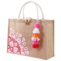 itgowisa Jute Beach Bag for Women, Burlap Beach Tote Bag with Tassel Pocket, Summer Gift for Vacation, Pool, Cruise & Grocery | Jute material - color: Pink Tassel