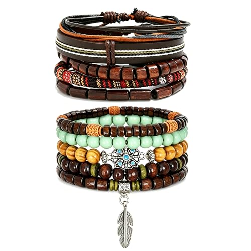 Punk Braided Leather Bracelets for Men Women Gothic Wood Beaded Tribal Wrap Wristband Grunge Emo Multilayer Adjustable Mens Bracelet in Black Brown Fathers Day Gift - color: Brown Feather