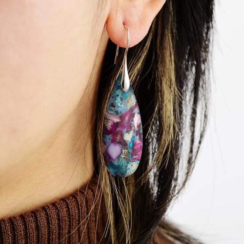 SELOVO Stone Fishhook Dangle Drop Earrings Statement Earrings for Women Stone - color: Blue&Purple-Silver Color Hook