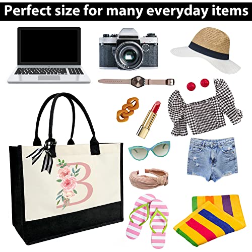 Initial Canvas Tote Bag for Women, Beach Bag with Inner Zipper Pocket Personalized Gifts for Wedding, Birthday | Initial - color: B