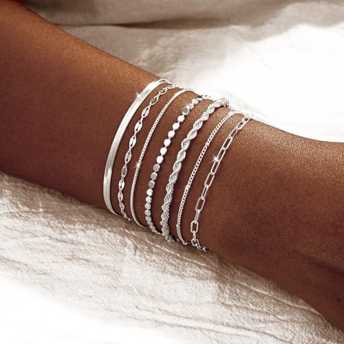 Kyerlyn Silver Bracelets for Women Trendy Waterproof Silver Dainty Bracelet Stack Adjustable Layered Bracelet Set Minimalist Fashion Jewelry