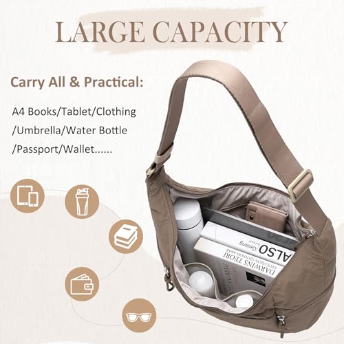 VASCHY Crossbody Crescent Bag for Women, Casual Lightweight Nylon Large Slouchy Hobo Bags Purses for Travel/Gym/Work/College - color: Light Brown