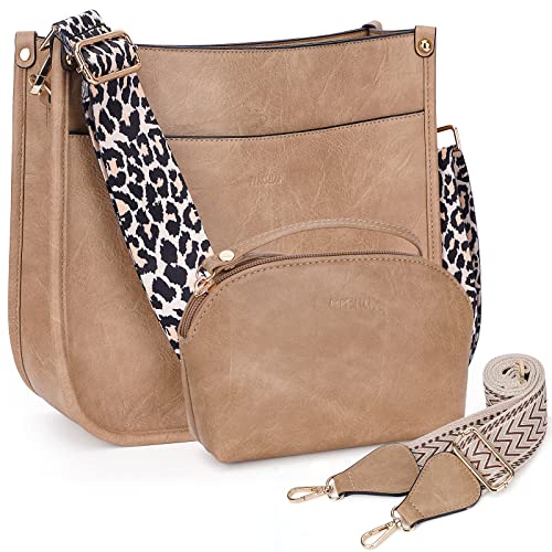 HKCLUF Crossbody Bag Purse for Women 2PCS/Set Leather Hobo Handbag Wallet Set With 2Adjustable Guitar Strap Shoulder Bag | Purse - color: A4-khaki